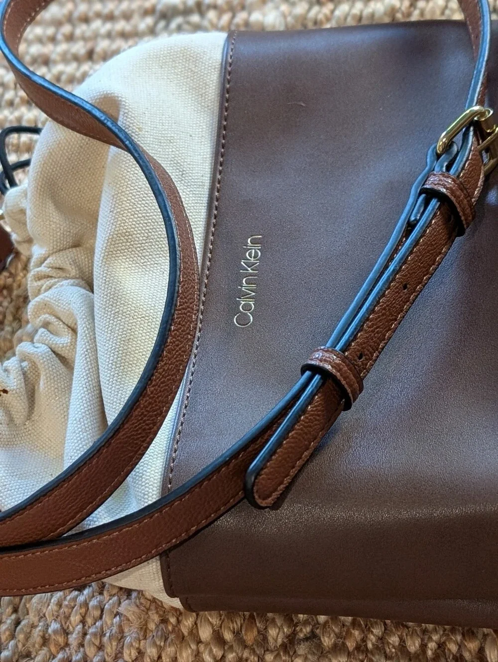 Calvin Klein Brown and Cream Canvas Drawstring Crossbody Bucket Bag Equestrian